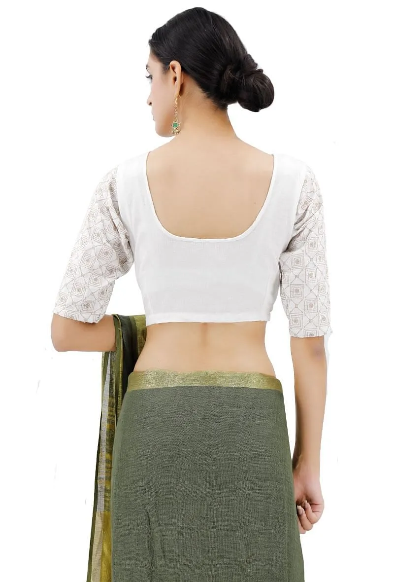 White Blouse With Beige Kantha Sleeves