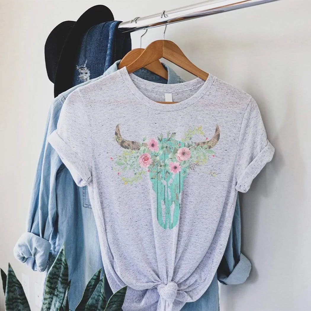 Wooden Cow Skull Graphic T-Shirt - SW125